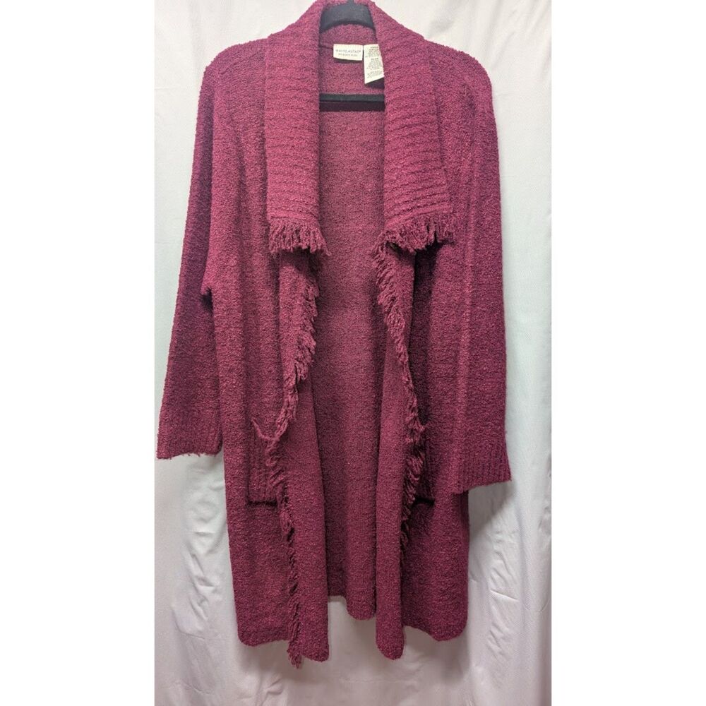 White Stag Women's Plus 22W 24W Burgundy Boucle Fringe Duster Cardigan Sweater